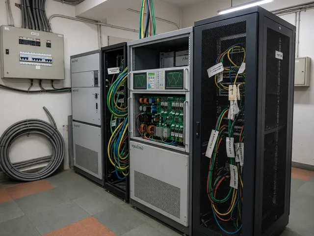 Delta PQC Active Power Filter cabinet with harmonic-elimination modules alongside a battery rack